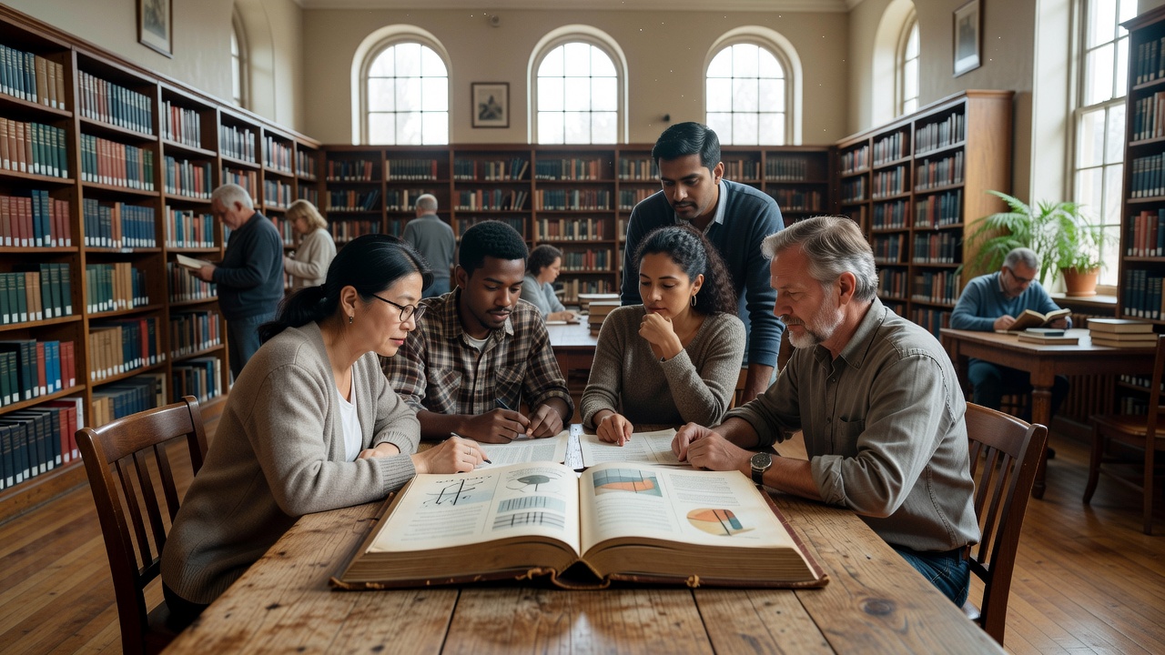 Collaborators reading a shared casebook in a naturally lit community library