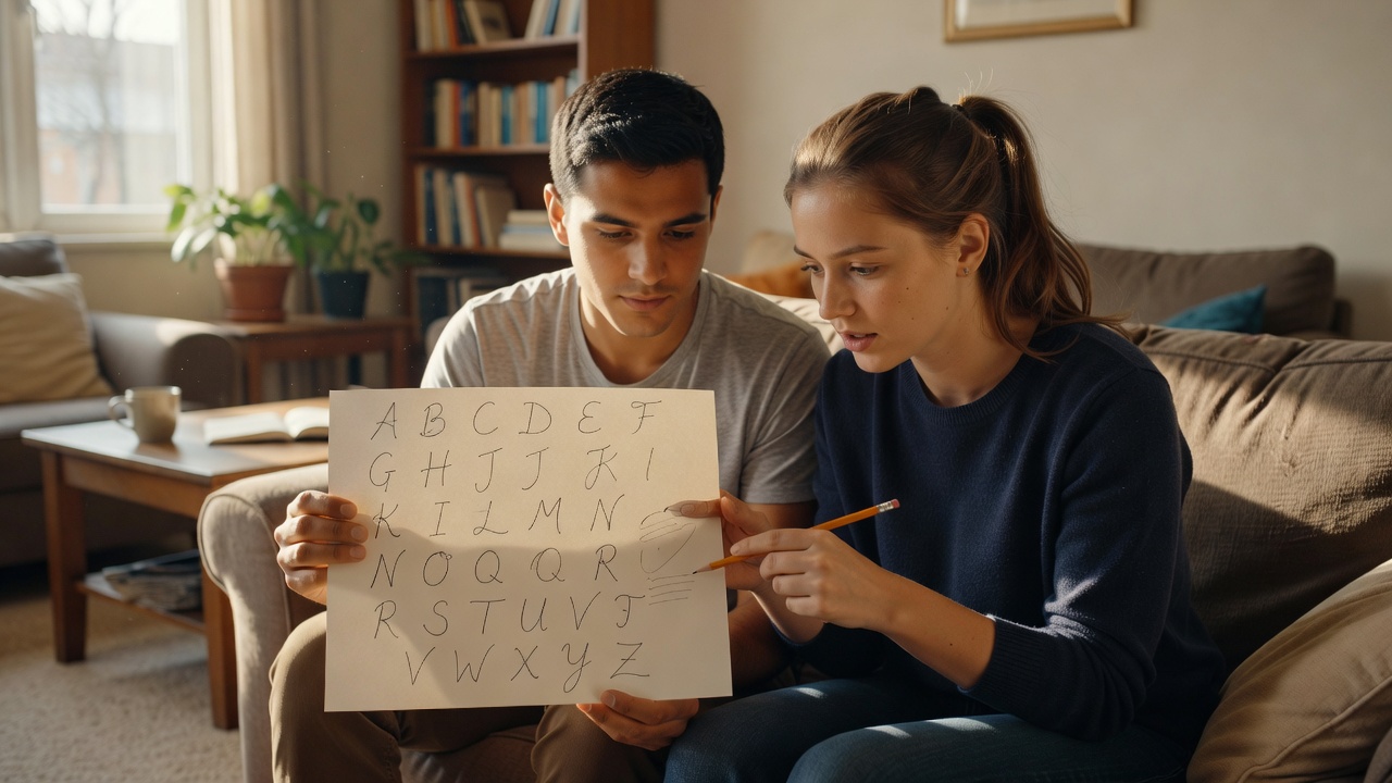 Two friends reading an alphabet note and comparing pencil annotations at home