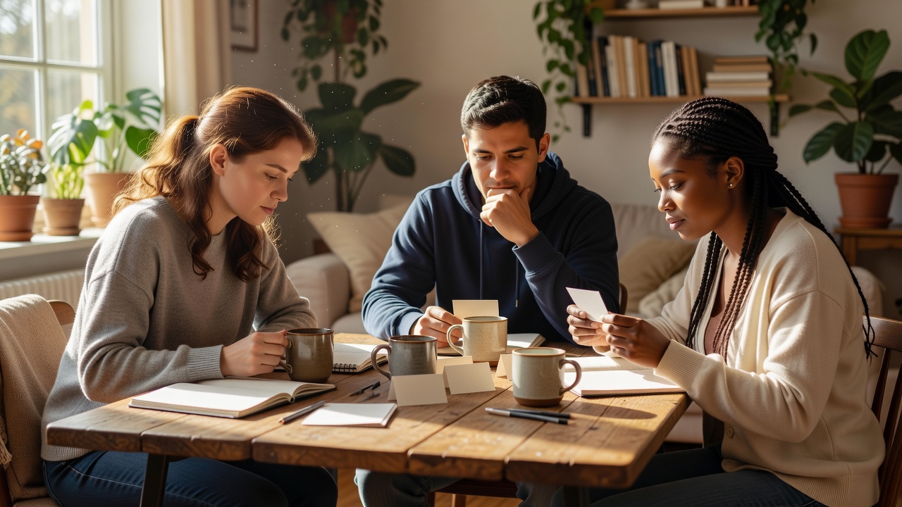 Friends studying cups and place cards on a table in a sunlit shared room