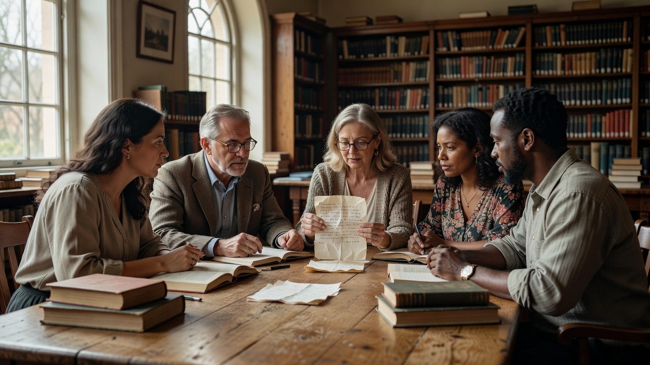 Reading group discussing a room-booking note around a naturally lit library table