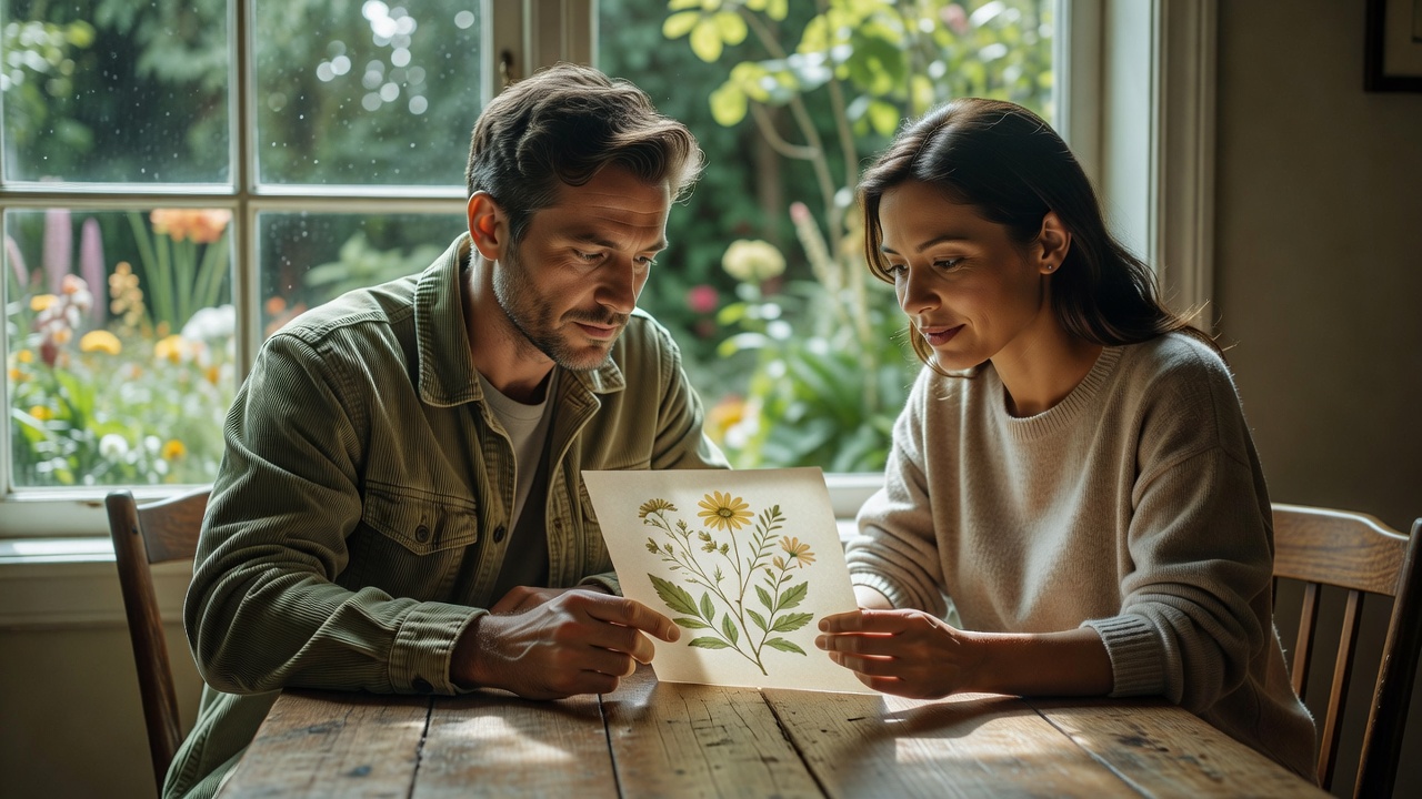 Reading partners inspecting a flower identification card on a table beside a window